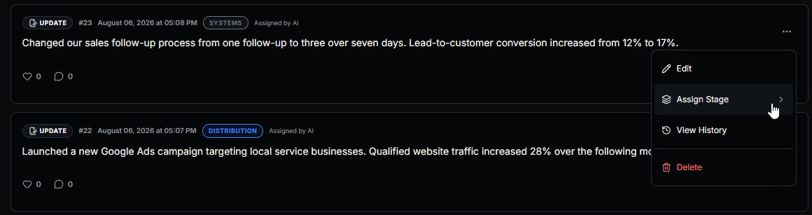 Timeline entry options menu showing Edit, Assign Stage, View History, and Delete options.